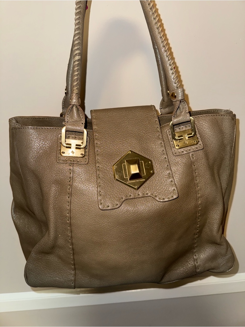 Taupe Leather Tote Bag with Gold Hardware